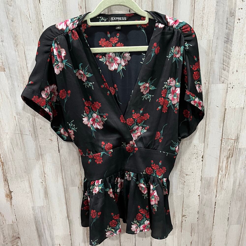 Express Black Rose‎ Red Floral Peplum Tie Back Dark Floral Top Goth Whimsy Small